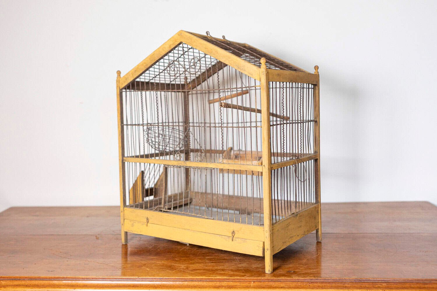 French Early 20th Century Yellow-Painted Wood and Iron Birdcage in House Form with Pitched Roof - JAA