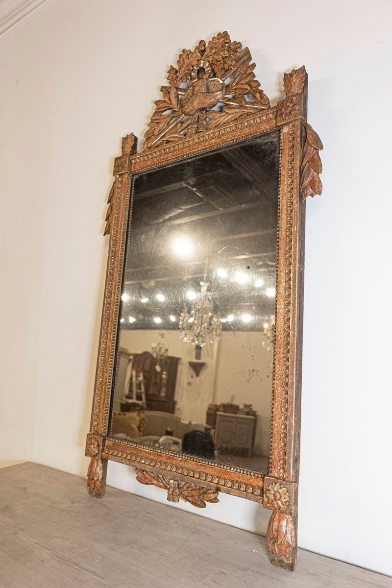 French 1790s Louis XVI Giltwood Wall Mirror with Carved Gardening Crest - JAA