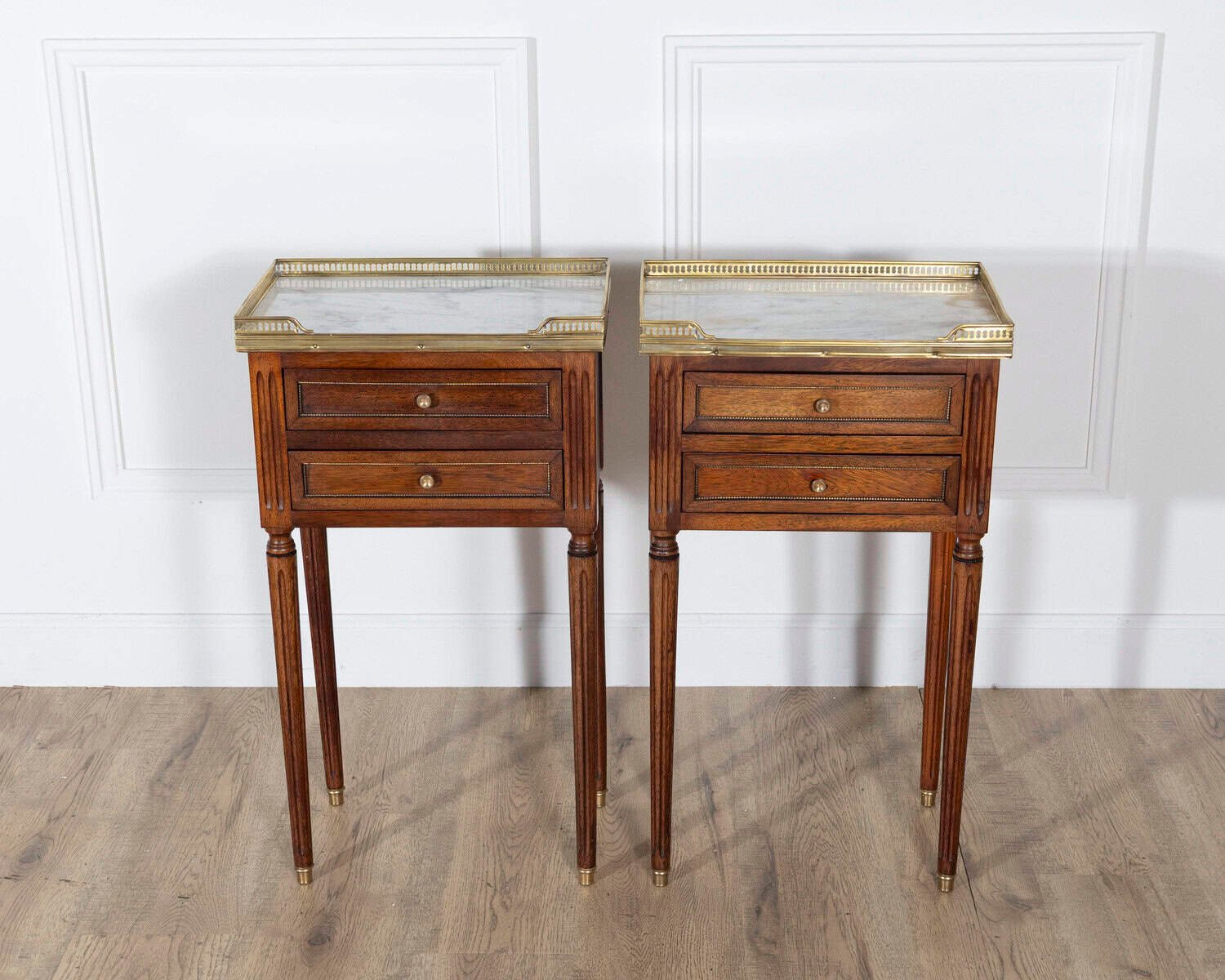 Pair of Louis XVI-Style Mahogany Bedside Tables with Marble Tops - JAA