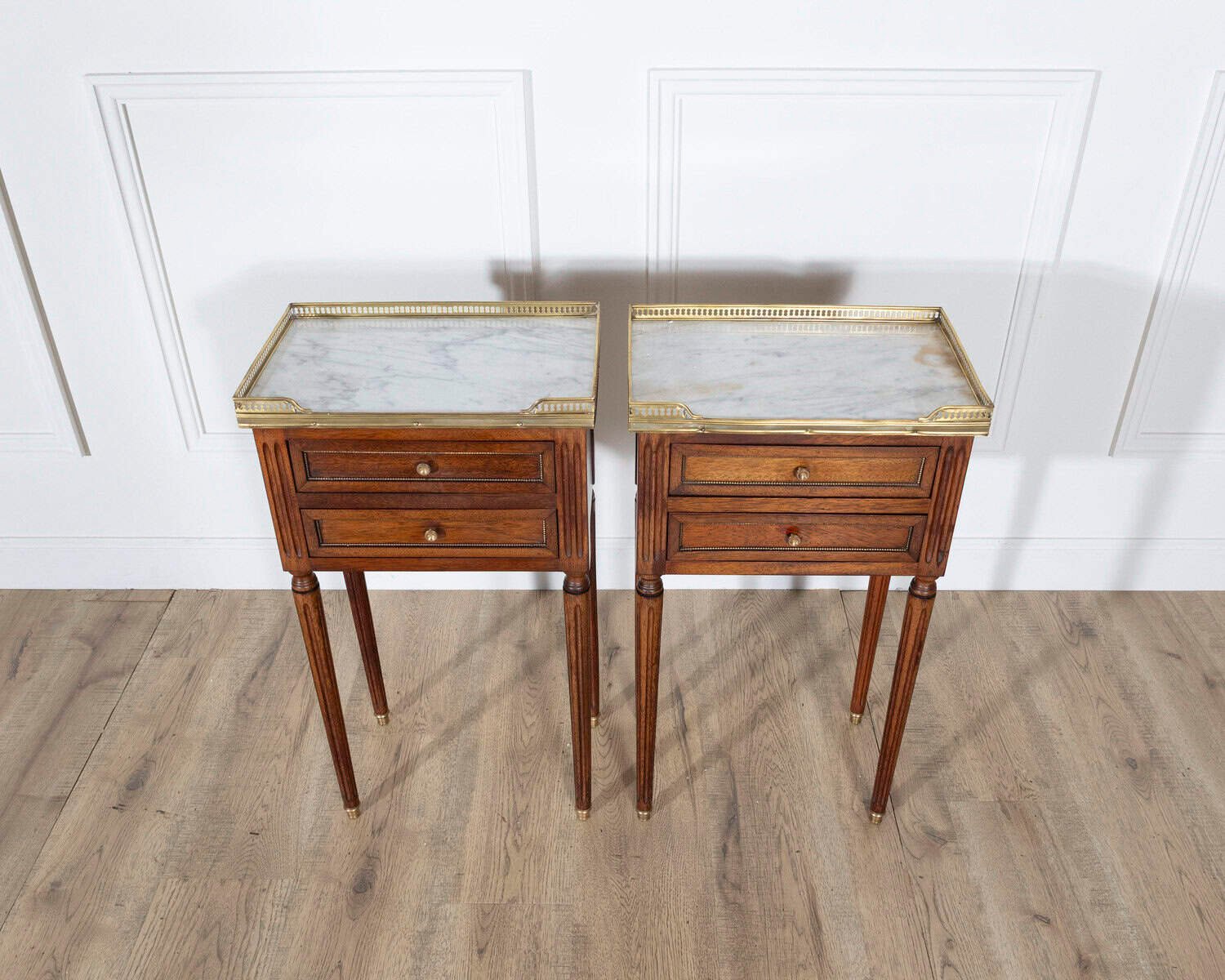 Pair of Louis XVI-Style Mahogany Bedside Tables with Marble Tops - JAA