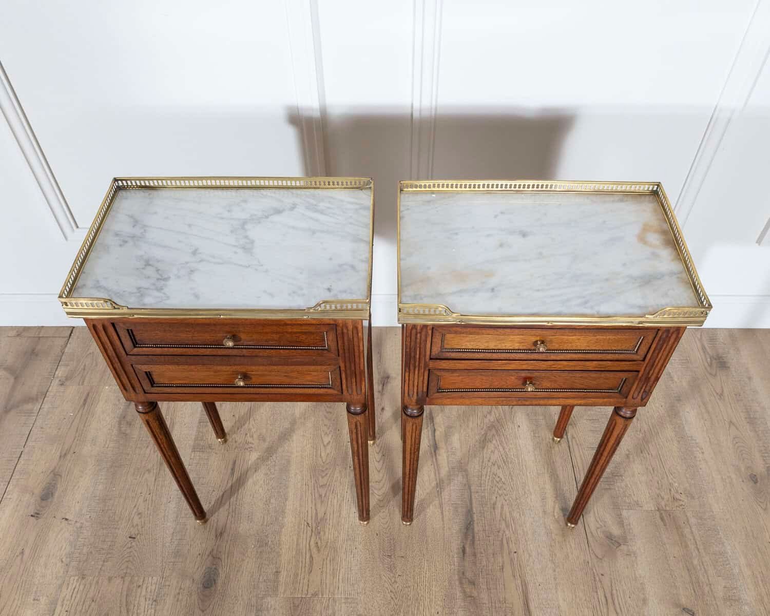 Pair of Louis XVI-Style Mahogany Bedside Tables with Marble Tops - JAA