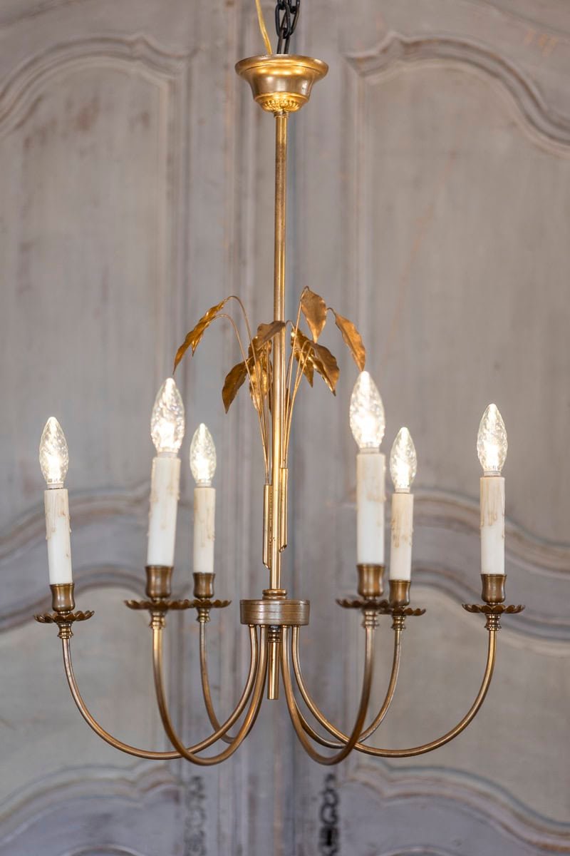 French Gilt Metal Maison Charles Inspired Six-Light Chandelier with Swoop Arms - JAA