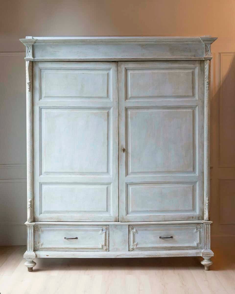 Italian 19th Century Tuscan Blue Painted Wardrobe with Carved Floral Corner Motifs and Lower Drawers - JAA