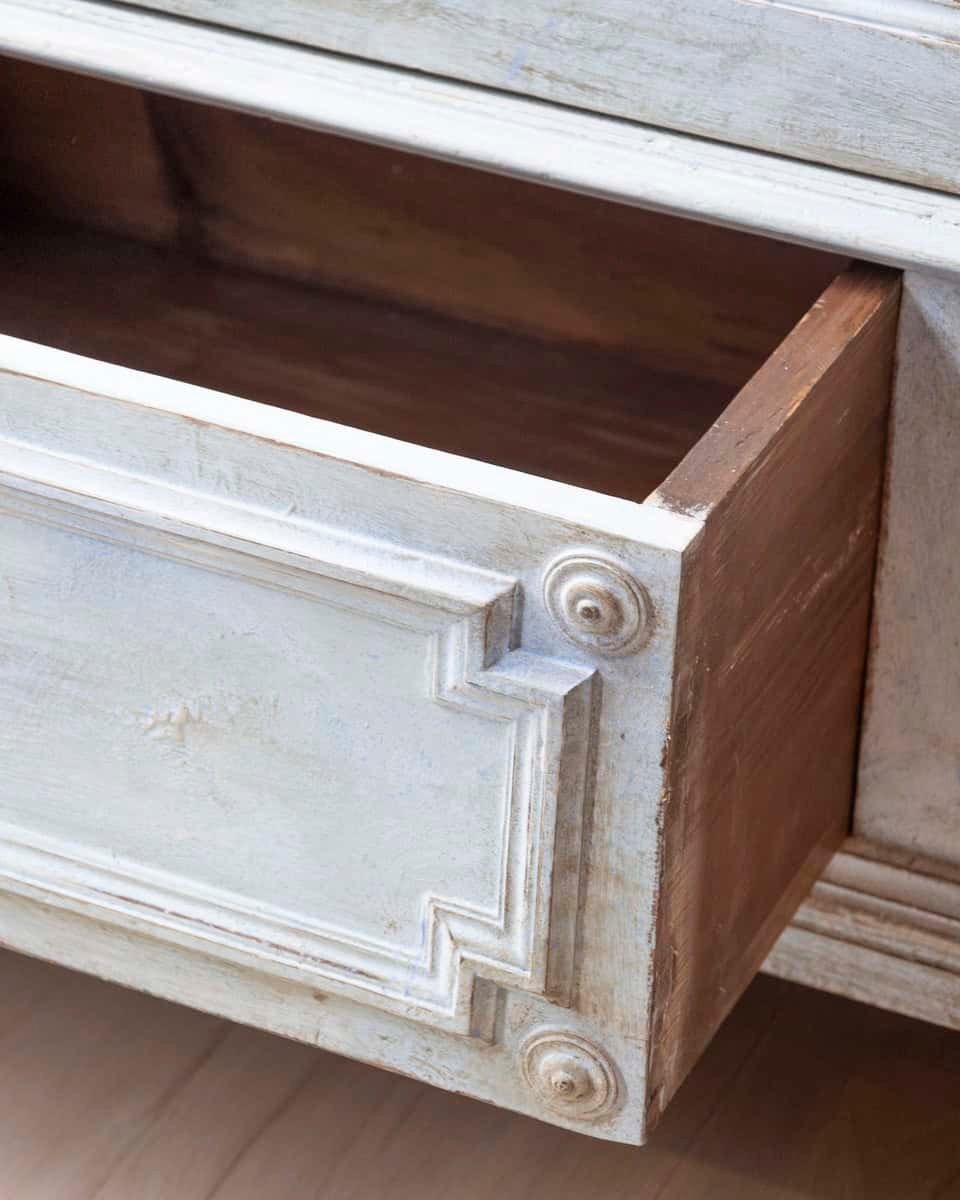 Italian 19th Century Tuscan Blue Painted Wardrobe with Carved Floral Corner Motifs and Lower Drawers - JAA