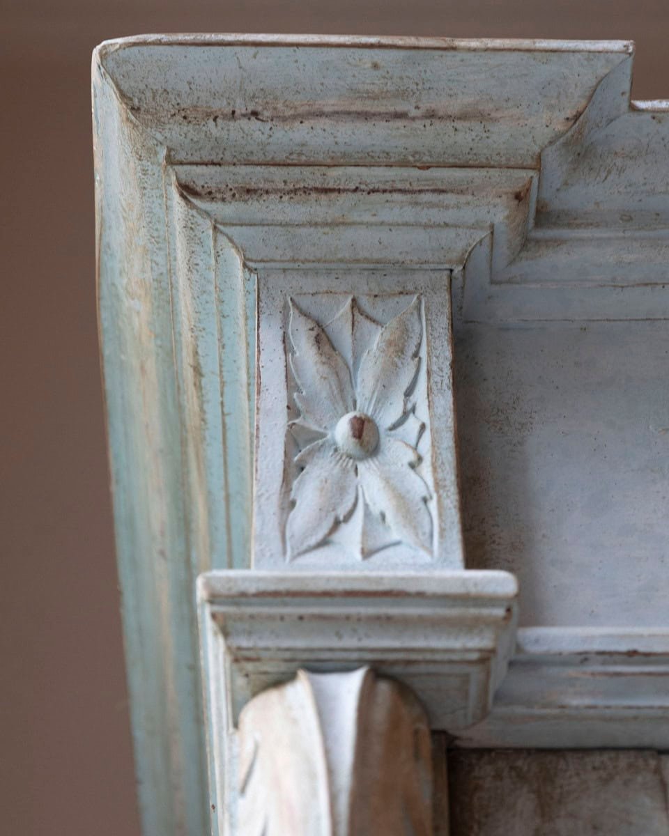 Italian 19th Century Tuscan Blue Painted Wardrobe with Carved Floral Corner Motifs and Lower Drawers - JAA