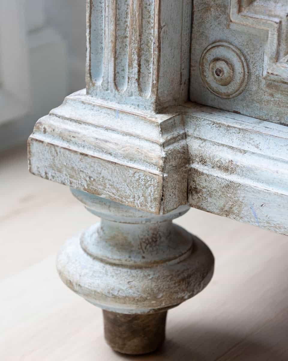 Italian 19th Century Tuscan Blue Painted Wardrobe with Carved Floral Corner Motifs and Lower Drawers - JAA