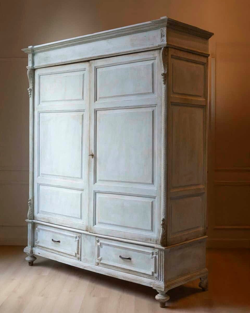 Italian 19th Century Tuscan Blue Painted Wardrobe with Carved Floral Corner Motifs and Lower Drawers - JAA
