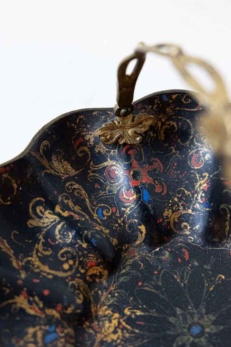 19th-Century French Toleware Basket with Gilded Floral Handle - JAA