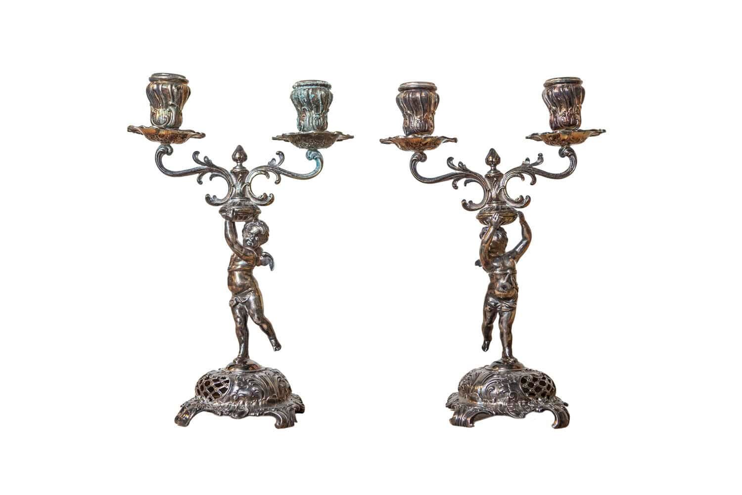 Pair of German Late 19th Century Jugendstil Silver Plated WMF Cherub Candelabras