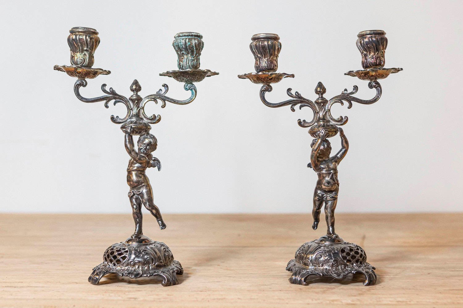 Pair of German Late 19th Century Jugendstil Silver Plated WMF Cherub Candelabras - JAA
