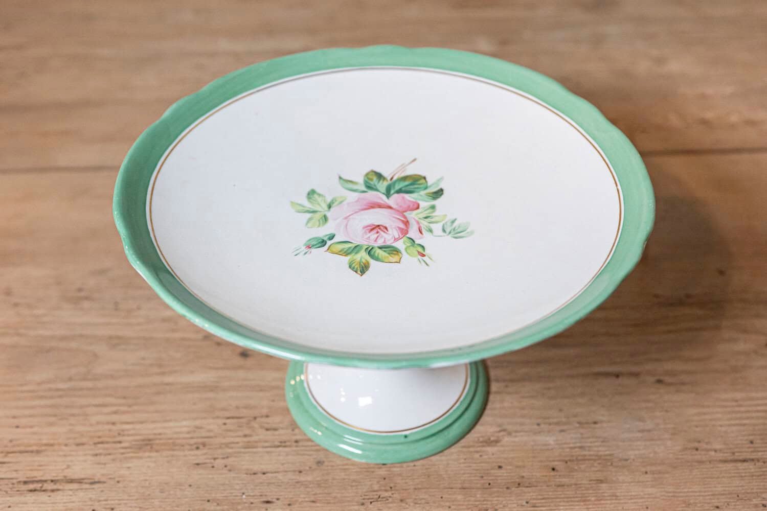 English Victorian 1880s Botanical Compote with Roses, Green and Gold Accents - JAA