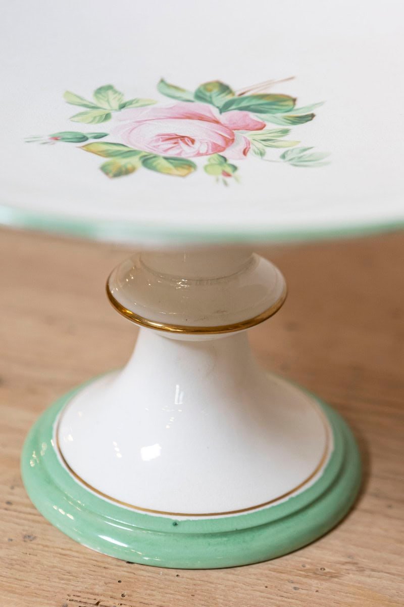 English Victorian 1880s Botanical Compote with Roses, Green and Gold Accents - JAA
