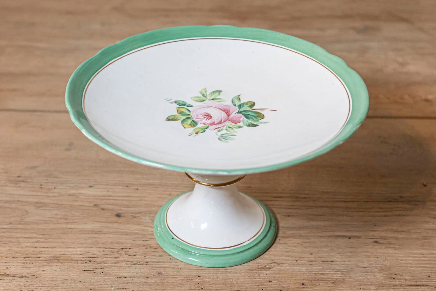 English Victorian 1880s Botanical Compote with Roses, Green and Gold Accents - JAA