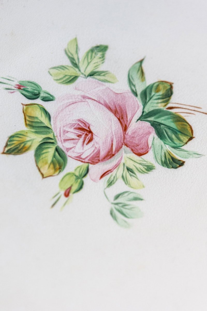 English Victorian 1880s Botanical Compote with Roses, Green and Gold Accents - JAA