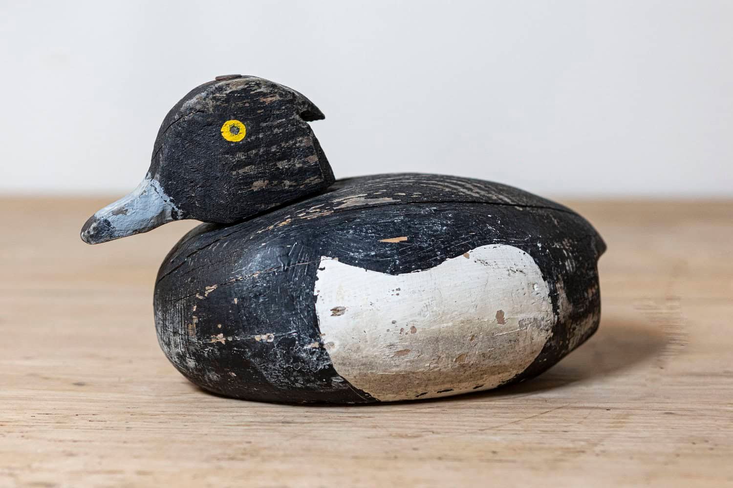 Rustic French 20th Century Carved Wooden Duck with Black, White and Yellow Paint - JAA