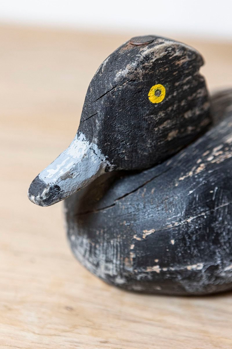 Rustic French 20th Century Carved Wooden Duck with Black, White and Yellow Paint - JAA