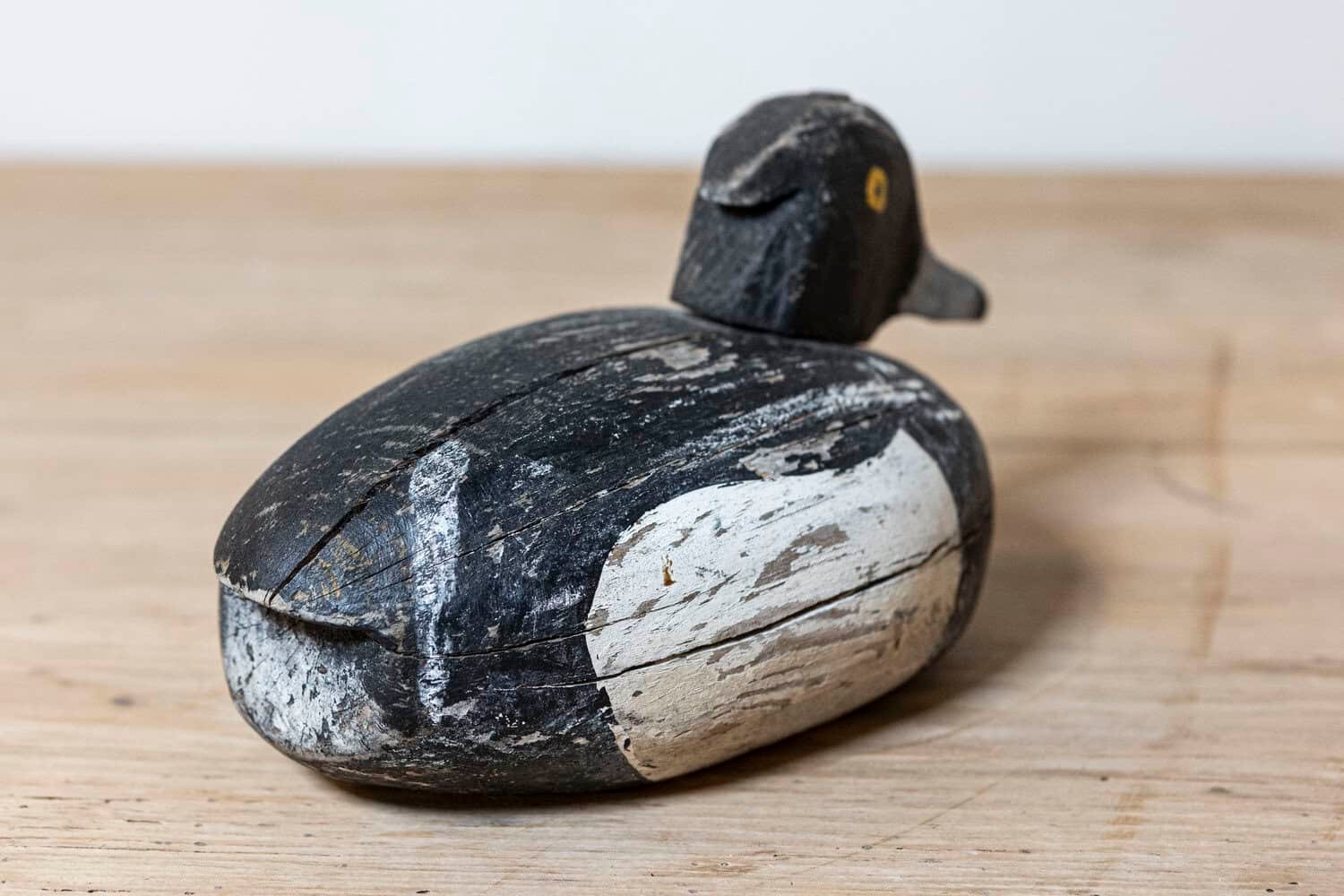 Rustic French 20th Century Carved Wooden Duck with Black, White and Yellow Paint - JAA
