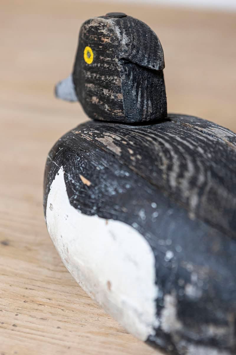 Rustic French 20th Century Carved Wooden Duck with Black, White and Yellow Paint - JAA