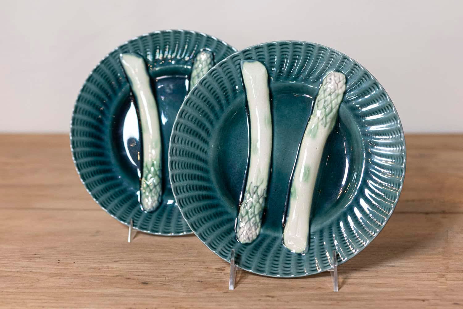 Pair of French 20th Century Asparagus Plates with Aqua Color and Rippled Accents - JAA