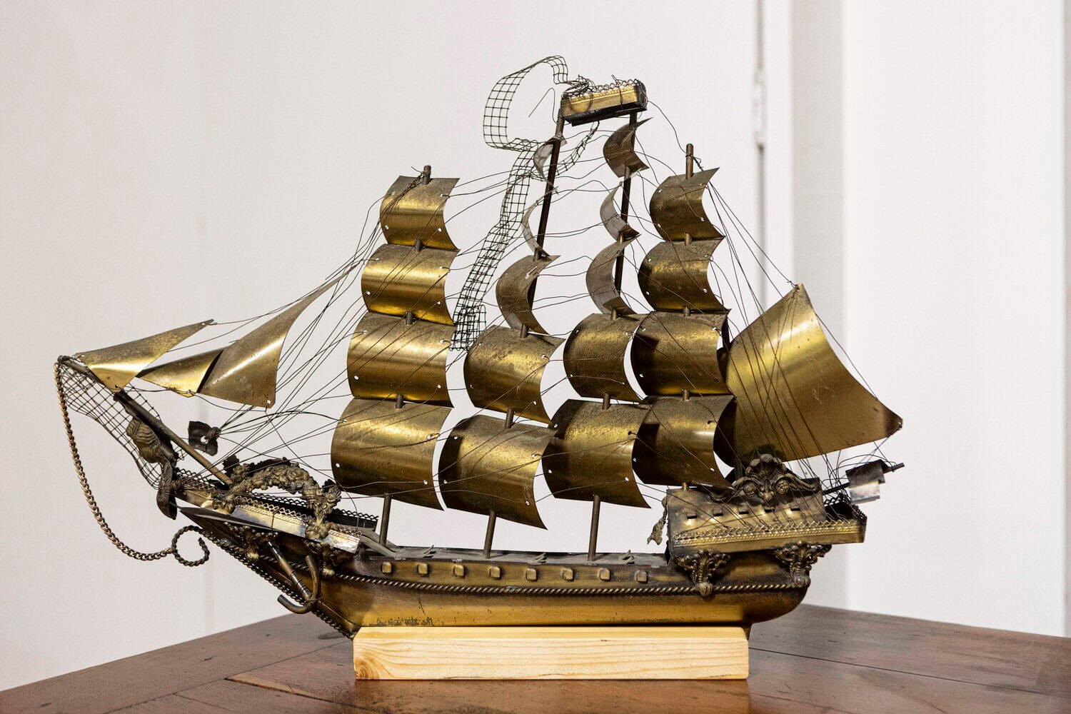 Italian 20th Century Venetian Patinated Brass Four-Masted Model Ship with Female Figurehead on Wooden Stand - JAA
