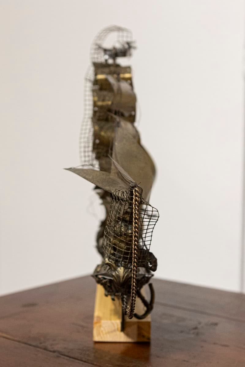 Italian 20th Century Venetian Patinated Brass Four-Masted Model Ship with Female Figurehead on Wooden Stand - JAA