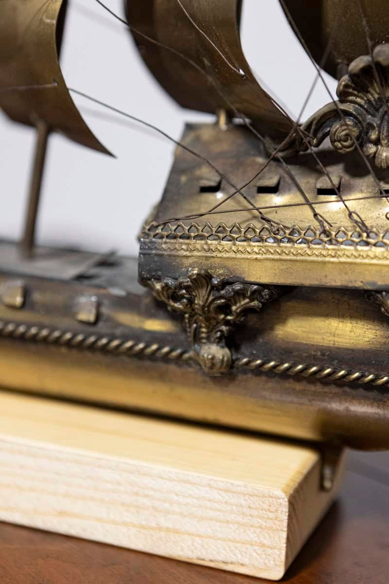 Italian 20th Century Venetian Patinated Brass Four-Masted Model Ship with Female Figurehead on Wooden Stand - JAA