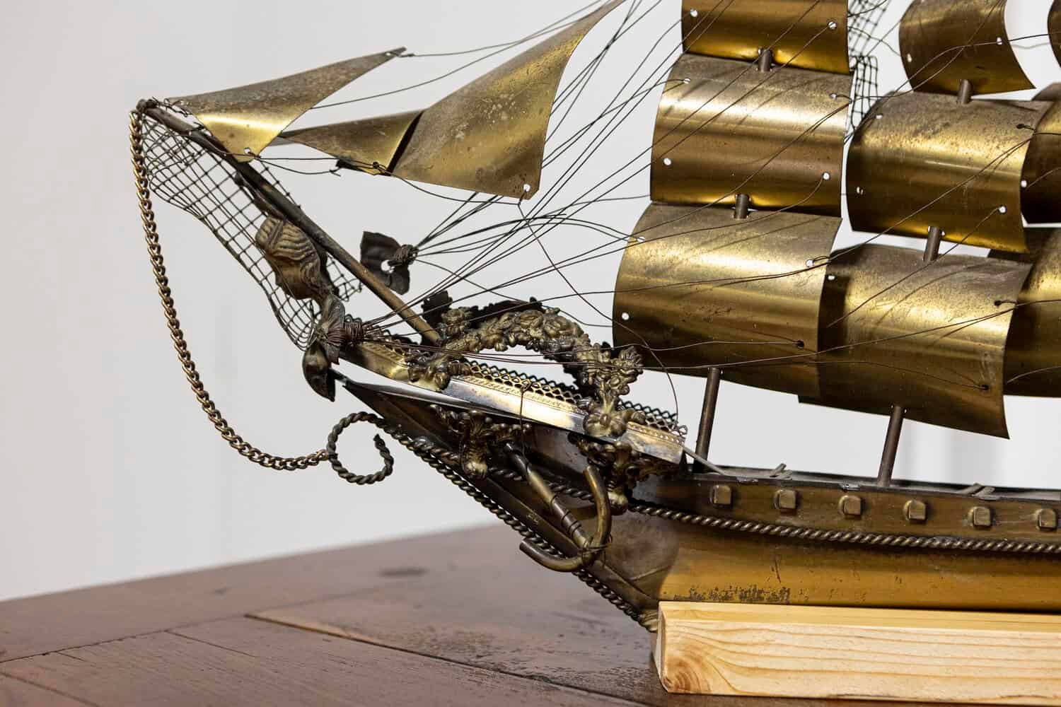 Italian 20th Century Venetian Patinated Brass Four-Masted Model Ship with Female Figurehead on Wooden Stand - JAA