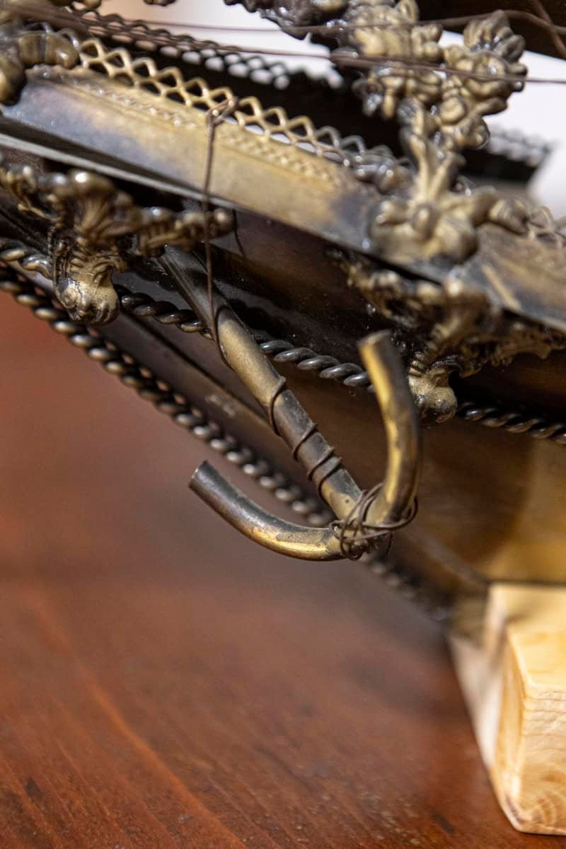 Italian 20th Century Venetian Patinated Brass Four-Masted Model Ship with Female Figurehead on Wooden Stand - JAA