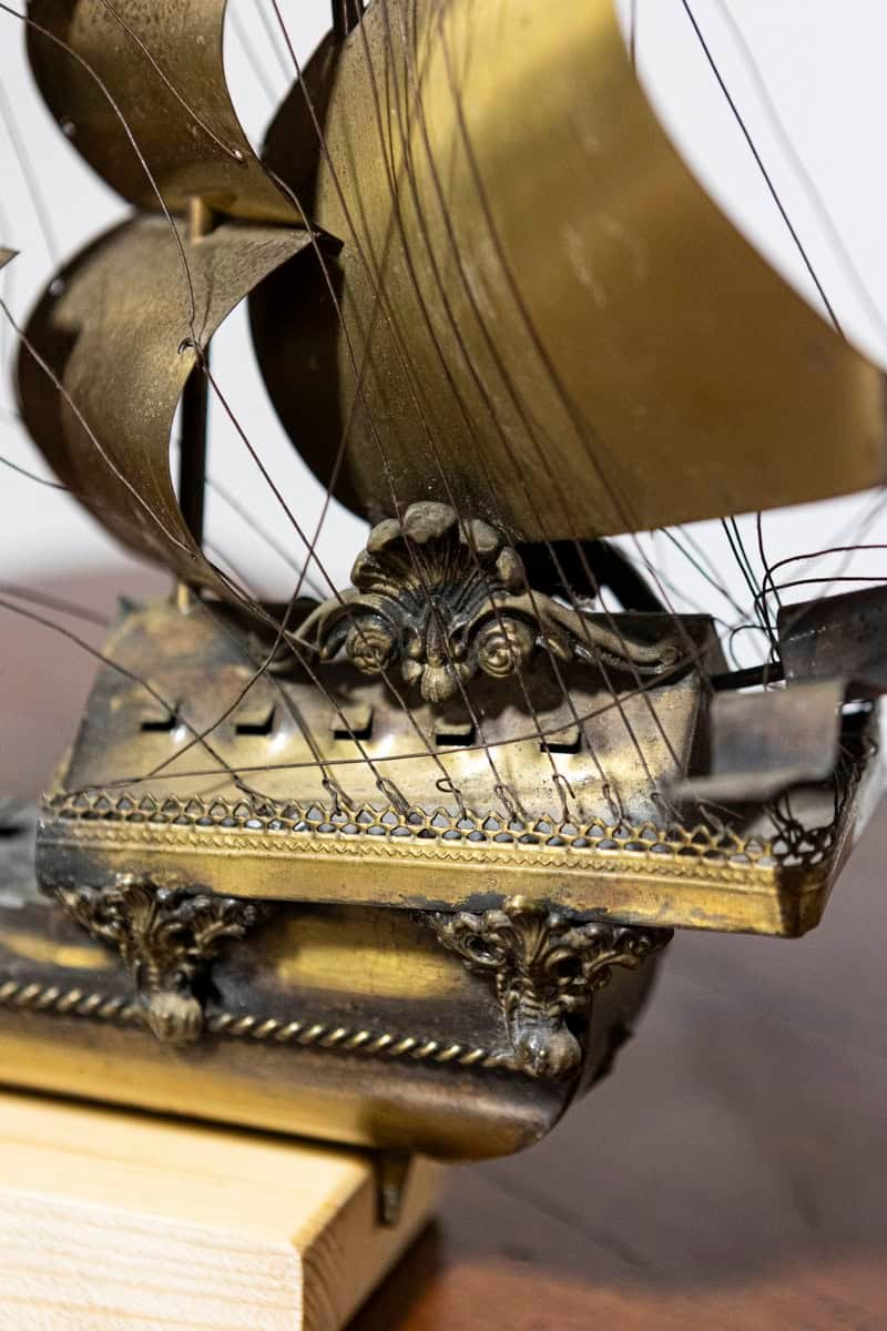 Italian 20th Century Venetian Patinated Brass Four-Masted Model Ship with Female Figurehead on Wooden Stand - JAA
