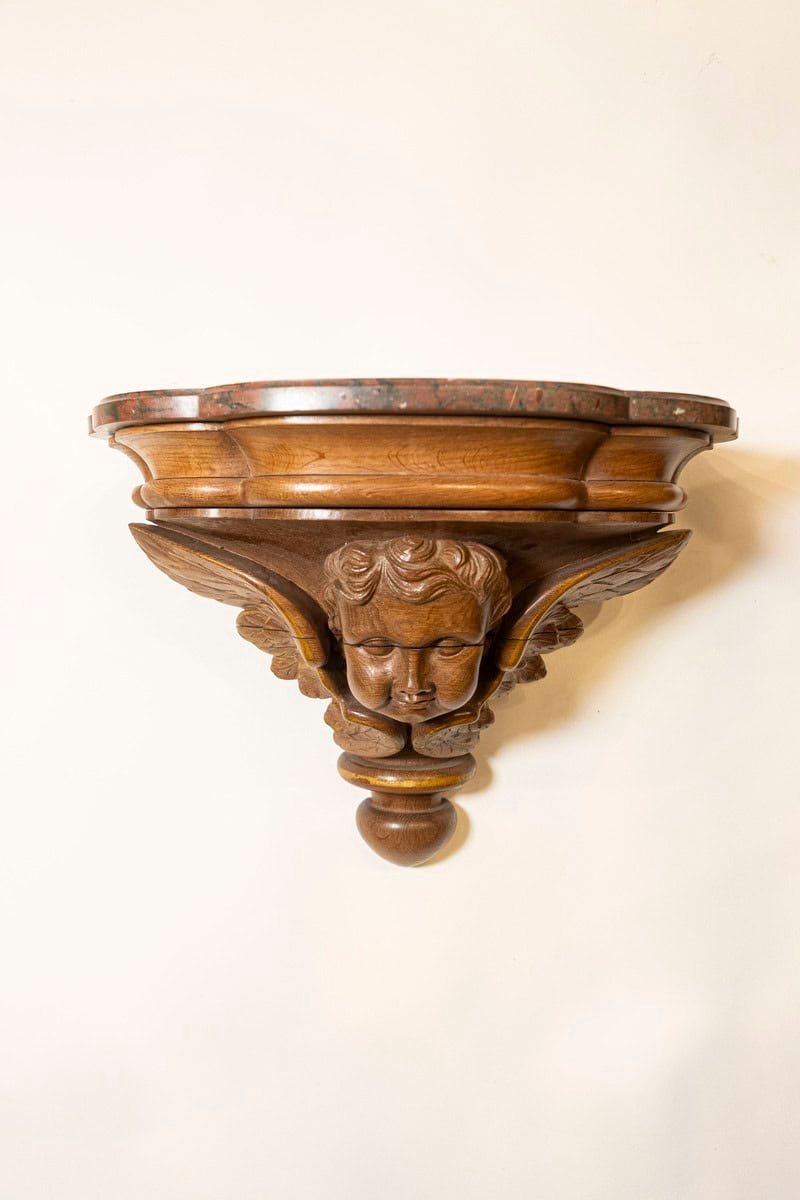 Pair of French 1880s Carved Walnut Brackets with Cherubs and Faux Marble Tops - JAA