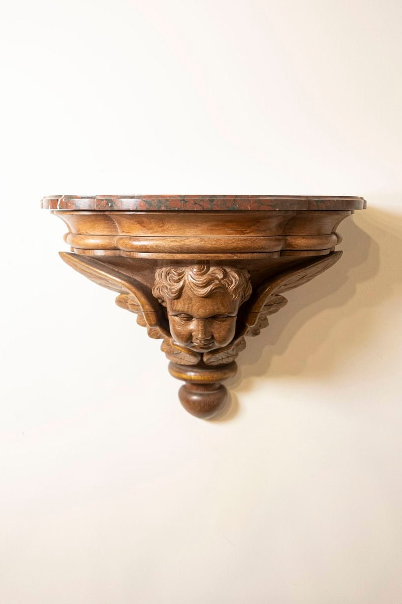 Pair of French 1880s Carved Walnut Brackets with Cherubs and Faux Marble Tops - JAA