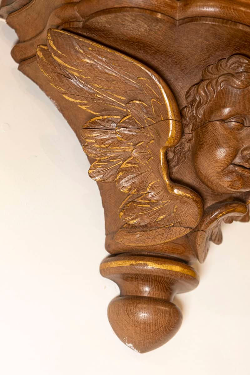 Pair of French 1880s Carved Walnut Brackets with Cherubs and Faux Marble Tops - JAA