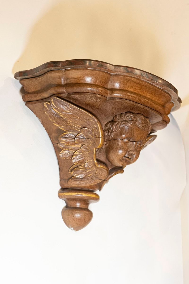 Pair of French 1880s Carved Walnut Brackets with Cherubs and Faux Marble Tops - JAA