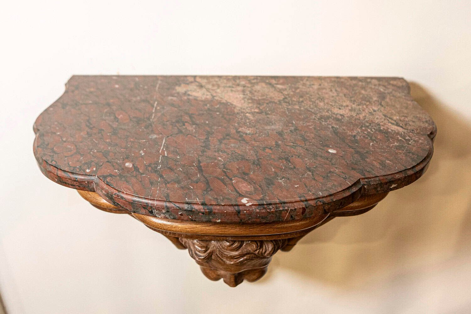 Pair of French 1880s Carved Walnut Brackets with Cherubs and Faux Marble Tops - JAA