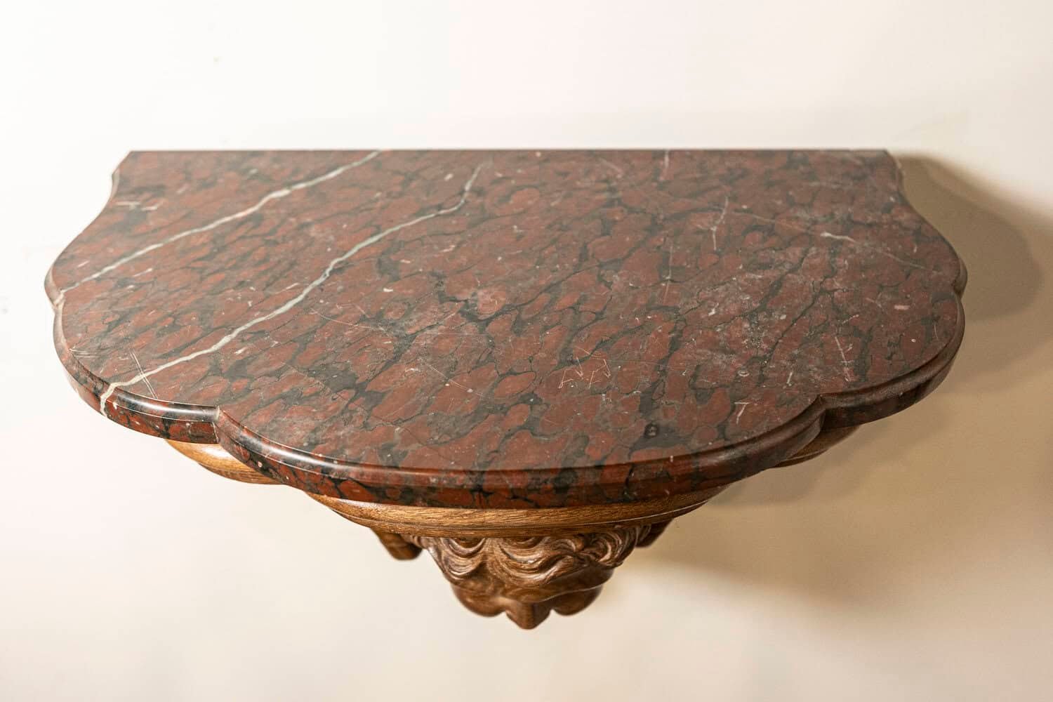 Pair of French 1880s Carved Walnut Brackets with Cherubs and Faux Marble Tops - JAA