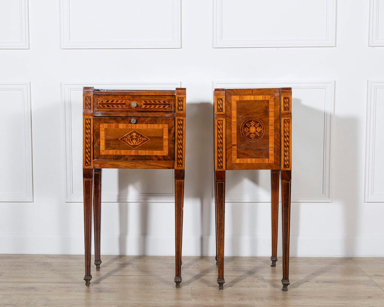 Italian 18th Century Neoclassical Inlaid and Veneered Bedside Tables - JAA