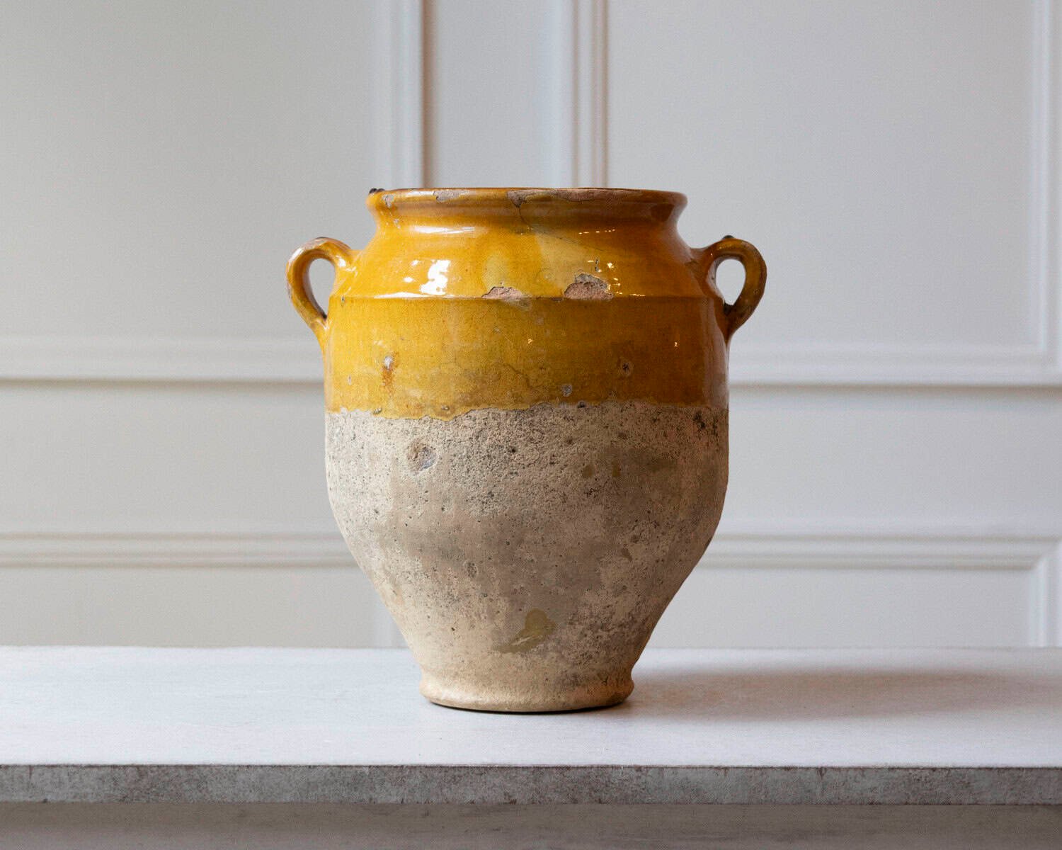 French 19th Century Large Glazed Terracotta Jug with Ochre Yellow Glaze - JAA