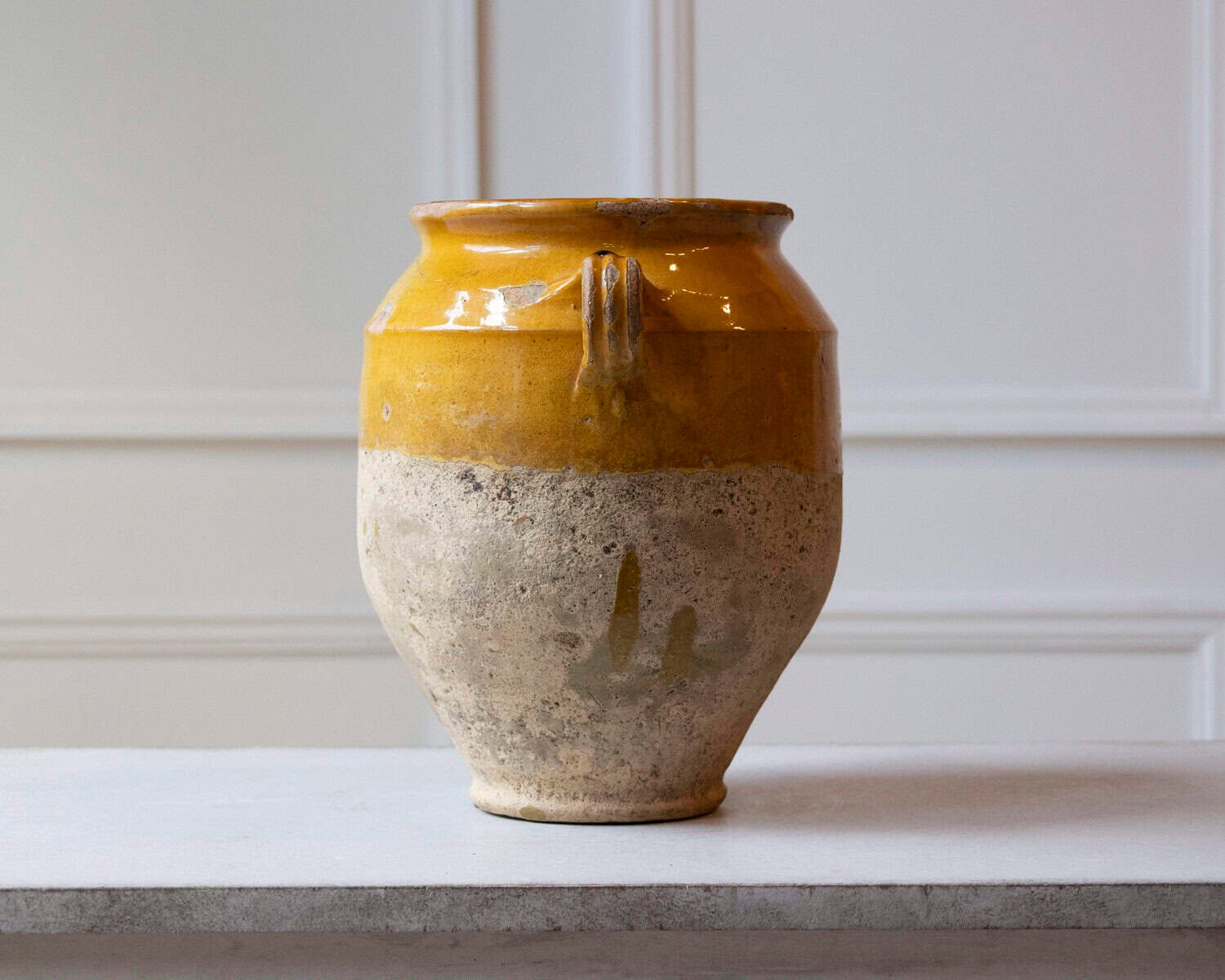 French 19th Century Large Glazed Terracotta Jug with Ochre Yellow Glaze - JAA