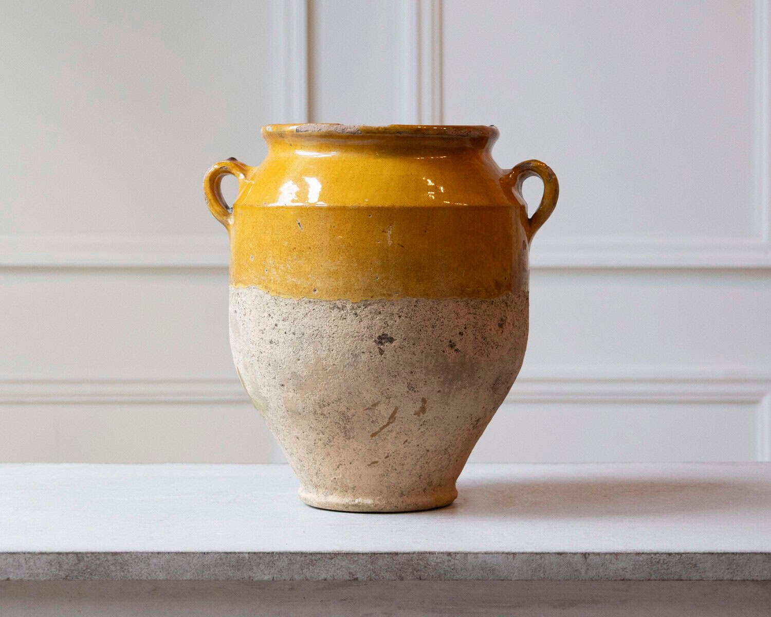 French 19th Century Large Glazed Terracotta Jug with Ochre Yellow Glaze - JAA