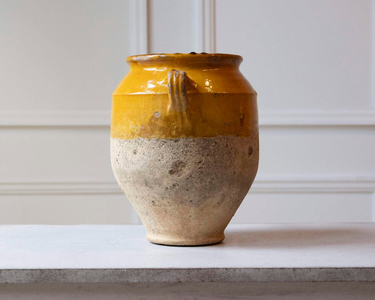 French 19th Century Large Glazed Terracotta Jug with Ochre Yellow Glaze - JAA