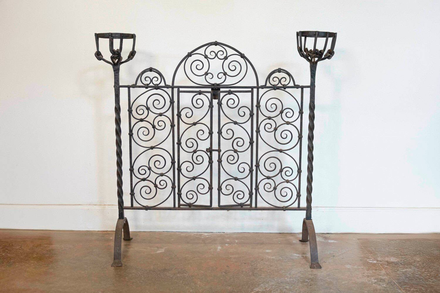 French circa 1880 Wrought Iron Freestanding Firescreen with C-Scroll Details and Warming Holders - JAA