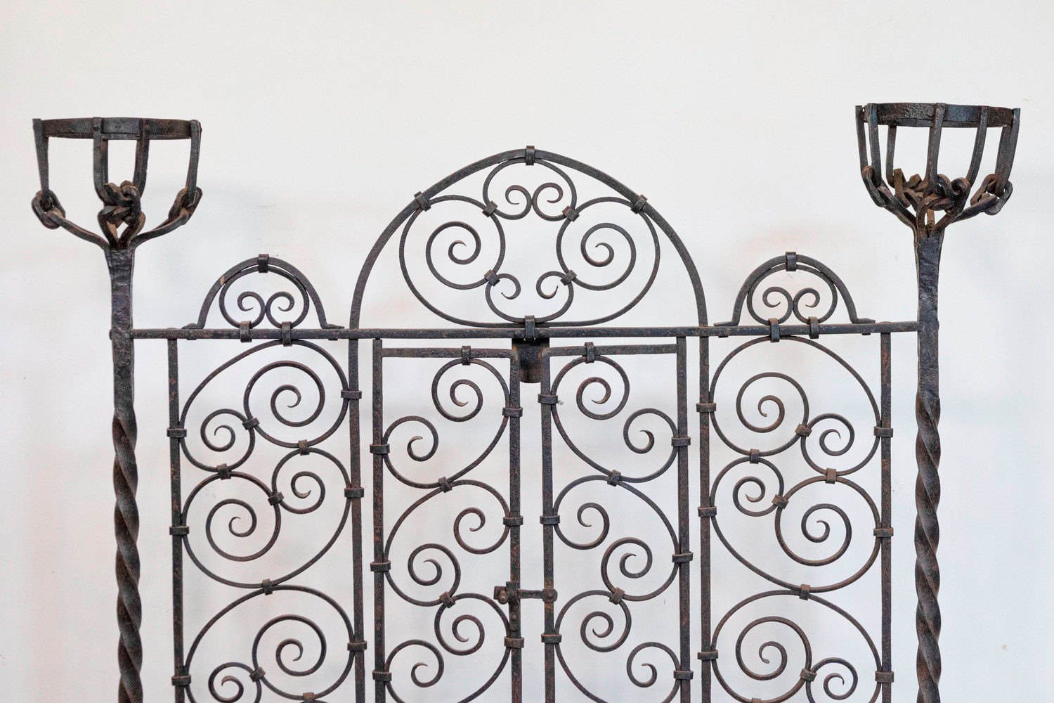 French circa 1880 Wrought Iron Freestanding Firescreen with C-Scroll Details and Warming Holders - JAA