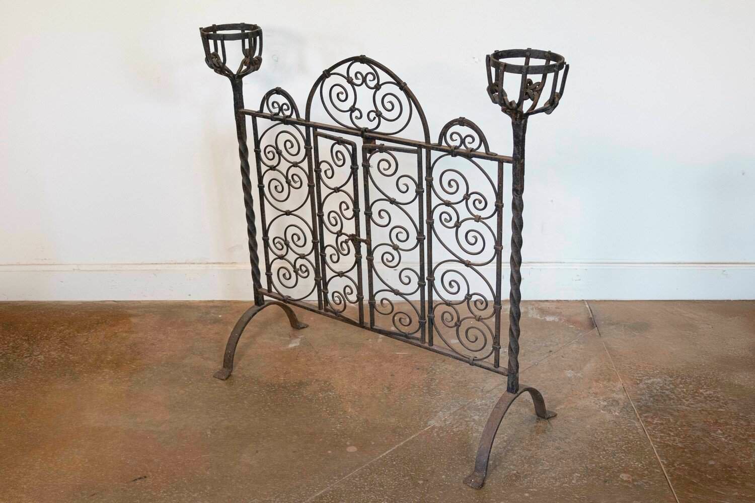 French circa 1880 Wrought Iron Freestanding Firescreen with C-Scroll Details and Warming Holders - JAA