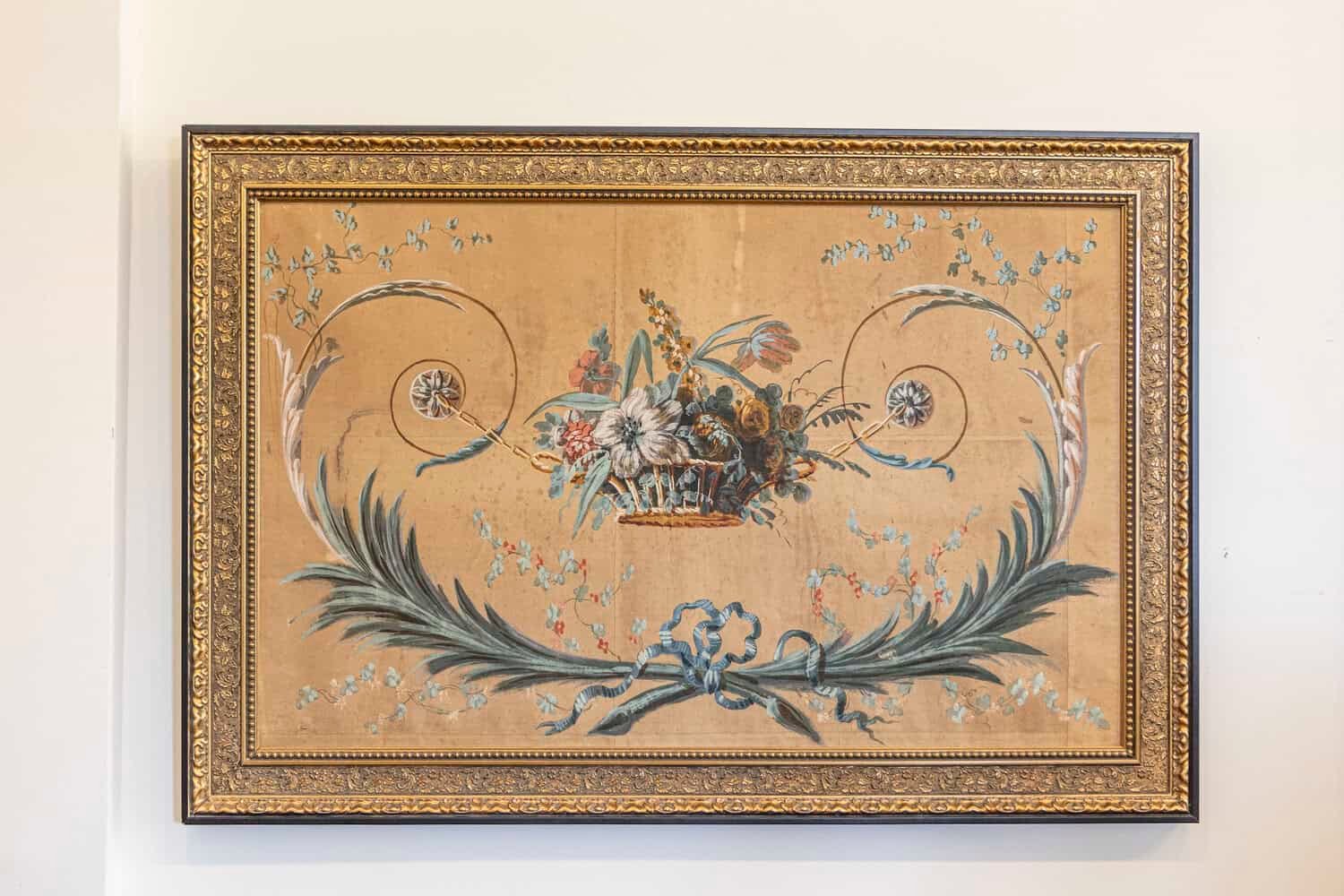 French Directoire Period Floral Painted Panel in Gilded Frame, circa 1790 - JAA