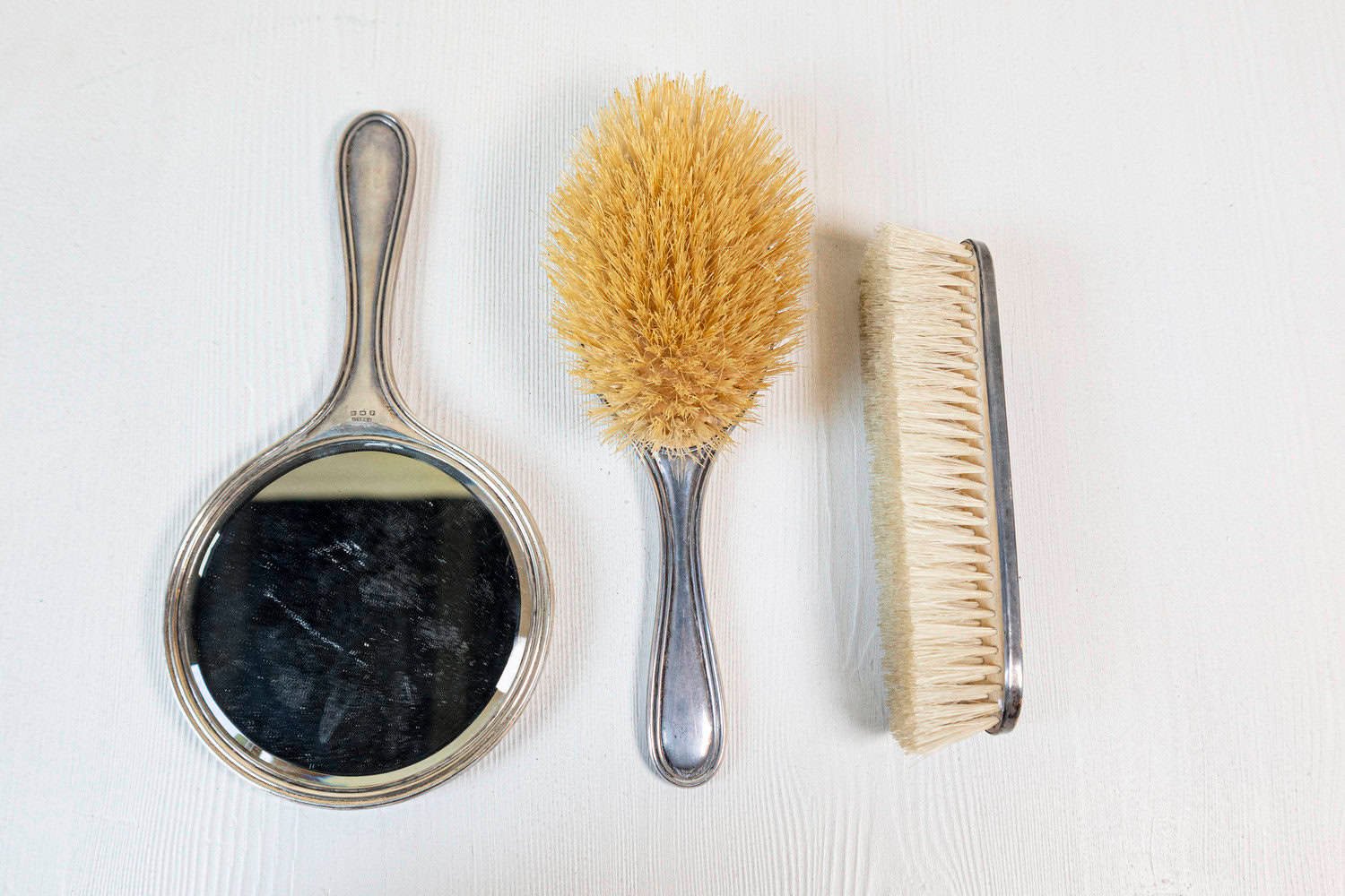 ON HOLD - English Edwardian 1900s Silver Dressing Table Mirror, Hair and Clothes Brushes - JAA