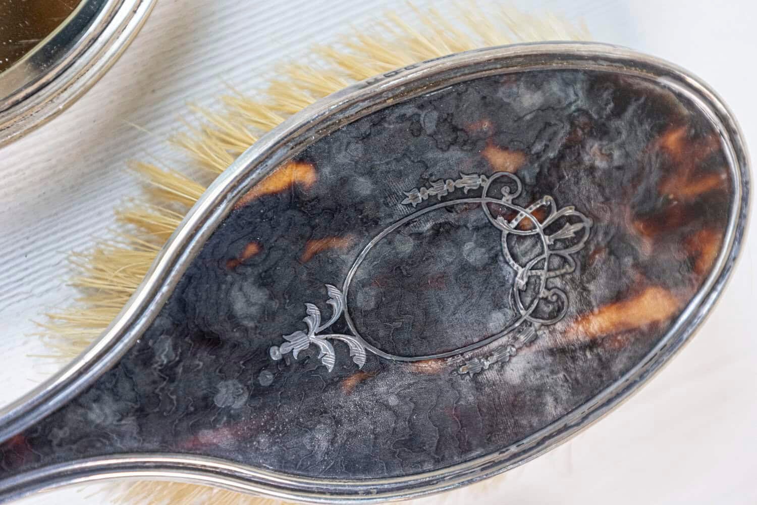 ON HOLD - English Edwardian 1900s Silver Dressing Table Mirror, Hair and Clothes Brushes - JAA