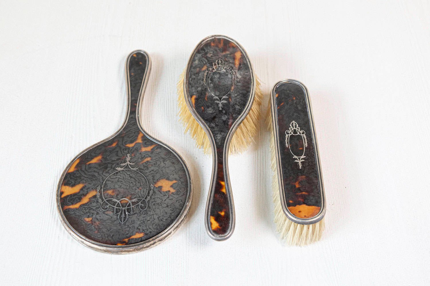 ON HOLD - English Edwardian 1900s Silver Dressing Table Mirror, Hair and Clothes Brushes - JAA