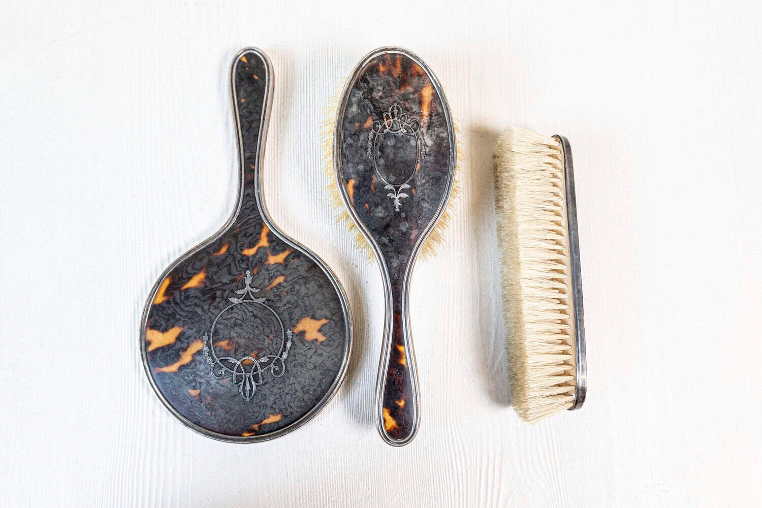 ON HOLD - English Edwardian 1900s Silver Dressing Table Mirror, Hair and Clothes Brushes - JAA