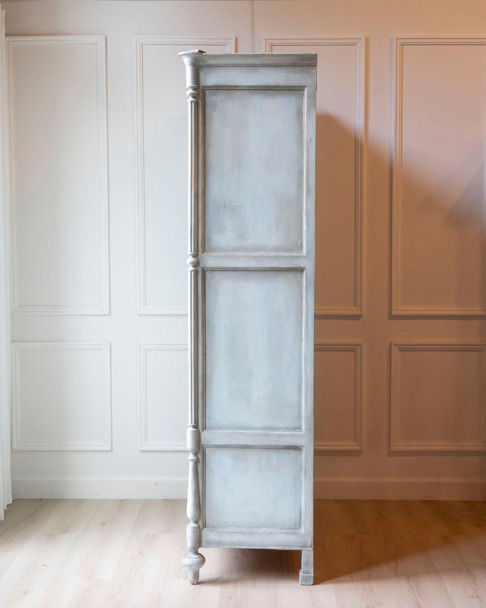 Italian 19th Century Blue Lacquered Cherrywood Wardrobe with Turned Columns and Original Cremonese Hardware - JAA