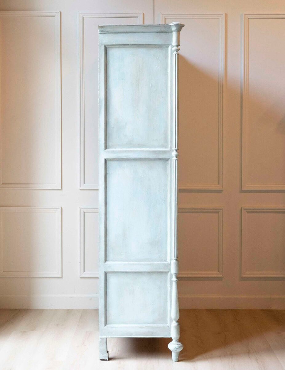 Italian 19th Century Blue Lacquered Cherrywood Wardrobe with Turned Columns and Original Cremonese Hardware - JAA